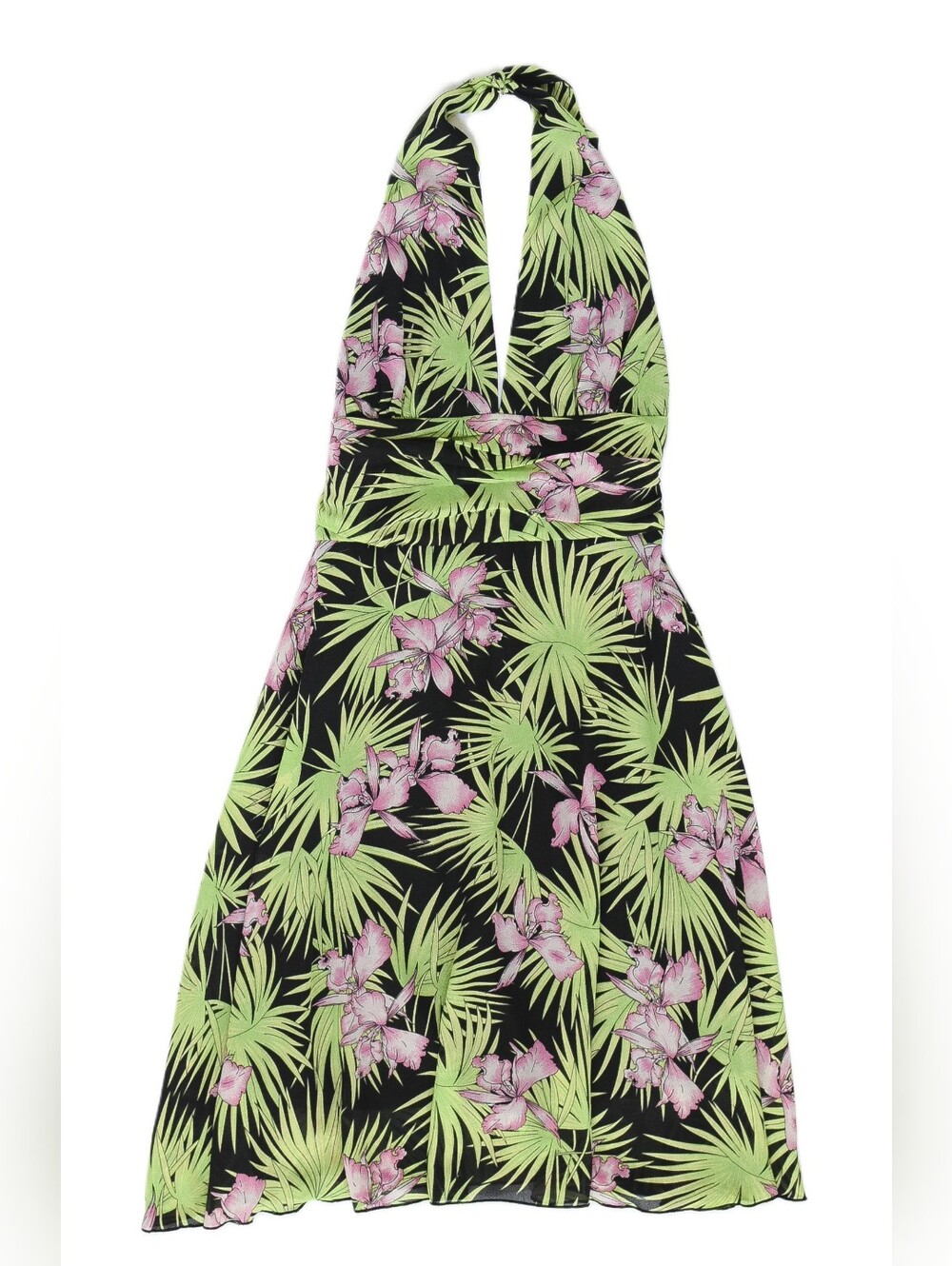 Vintage Y2K Tropical Floral Halter Dress Midi Backless Size 12 90s Hibiscus